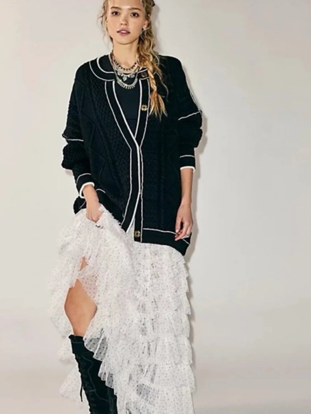 NWT Free People Tennessee Cable Knit Cardi in Black Magic